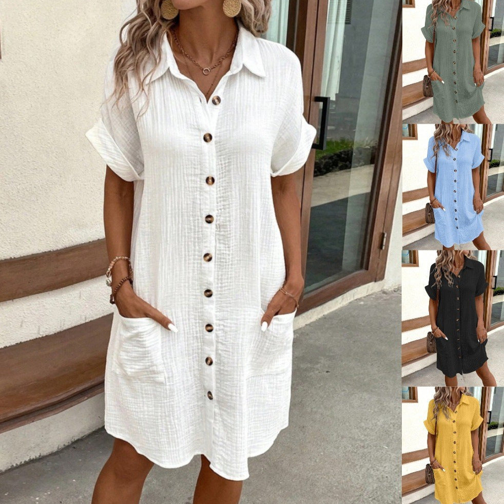 Robe Chemise Femme en Coton et Lin – Robe Évasée Col V Boutonnée sur le Devant