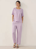 Ensemble haut à manches courtes col rond et pantalon 100% lin avec détails boutonnés SASHA