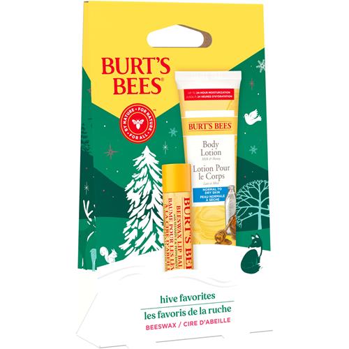 Coffret Cadeau de Noël Burt's Bees Hive Favorites Cire d'Abeille, Baume à Lèvres à la Cire d'Abeille et Lait Corporel Format Voyage au Lait et au Miel
