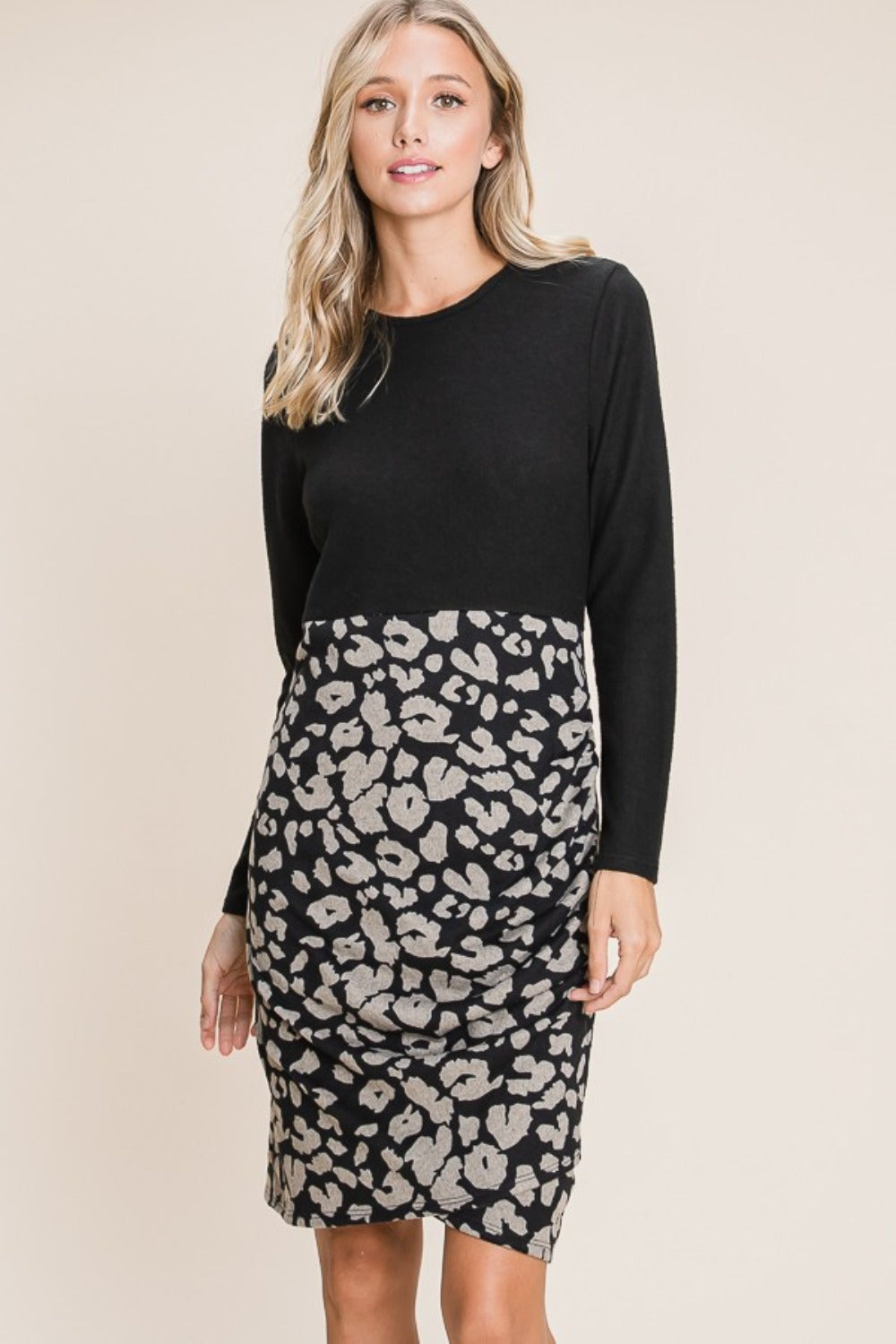 Robe en maille à motif léopard – Robe en maille imprimé animal, Robe pull à blocs de couleur, Robe en maille décontractée, Robe en maille tendance automne, Robe à manches longues confortable