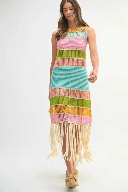 Robe Femme Tricotée au Crochet Franges Multicolores – Robe Tricotée au Crochet, Robe à Franges, Robe Multicolore, Robe Tricotée Bohème, Robe de Festival