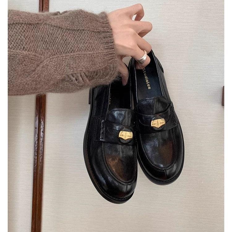 Mocassins pour femme à pièce de monnaie dorée style britannique | Chaussures en cuir à enfiler à talon carré
