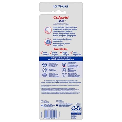 Brosse à dents Colgate 360 Advanced avec poils Floss Tip, souple, pour adultes, paquet de 4
