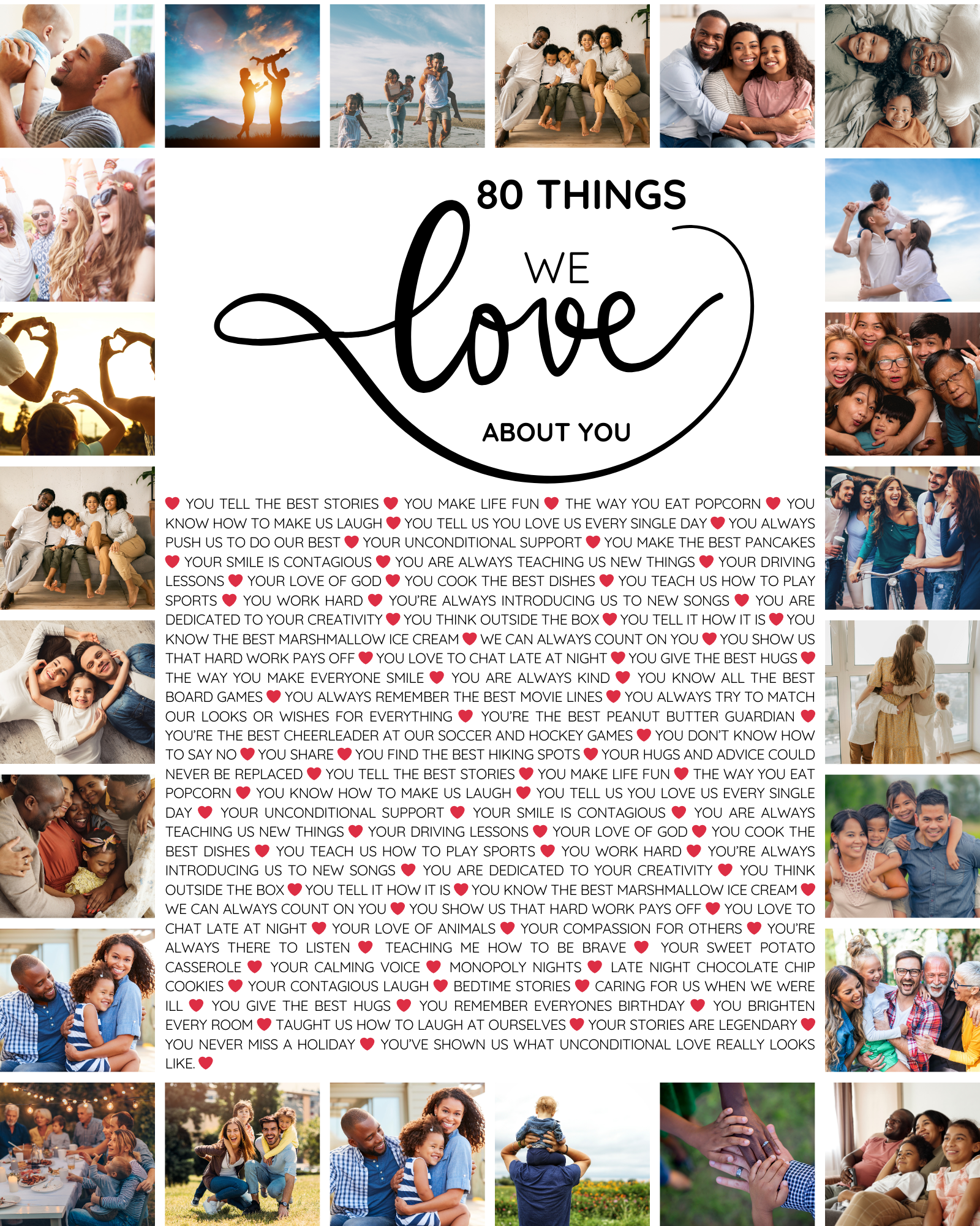 80 Things We Love About You – 80th Birthday Wall Art Canva Template