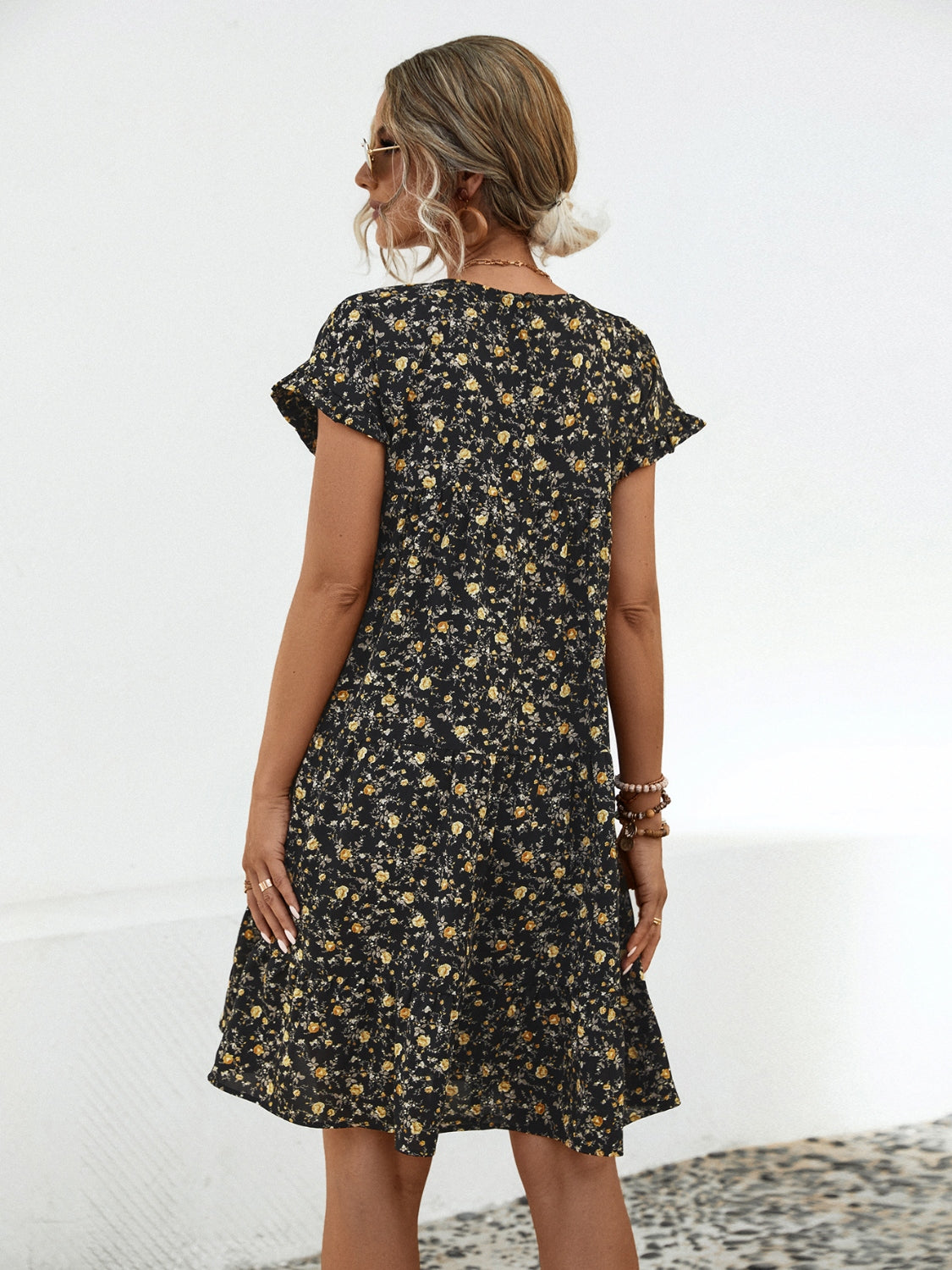 Robe Fleurie Col Rond Manches Courtes Élégante et Décontractée pour Tous les Jours Robe Femme