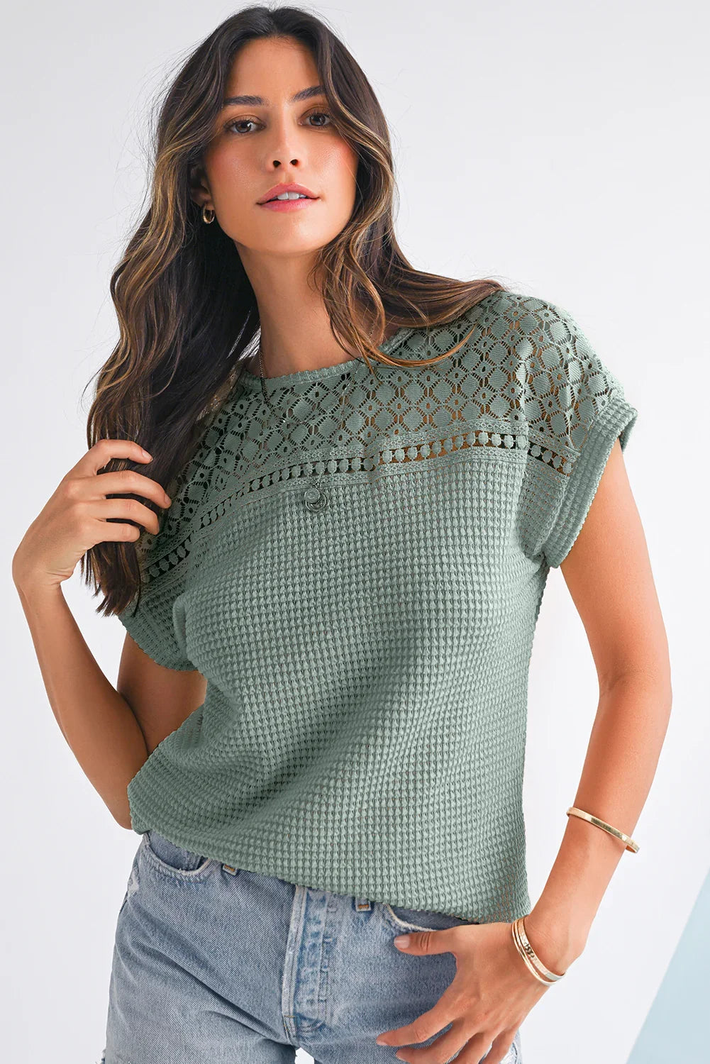 Haut en maille gaufrée patchwork vert brumeux