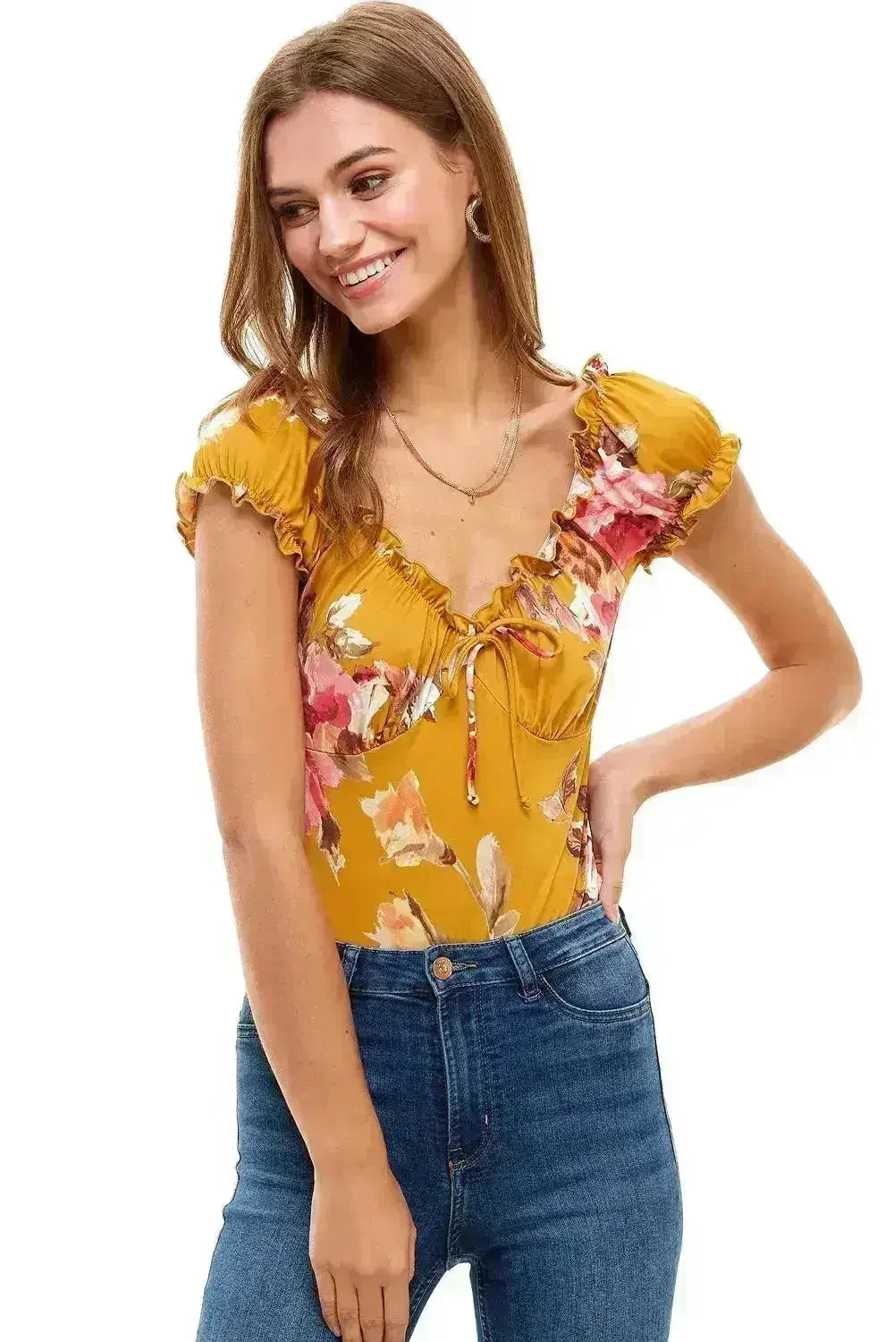 Body imprimé floral à manches bouffantes paysannes USA - Femstylo