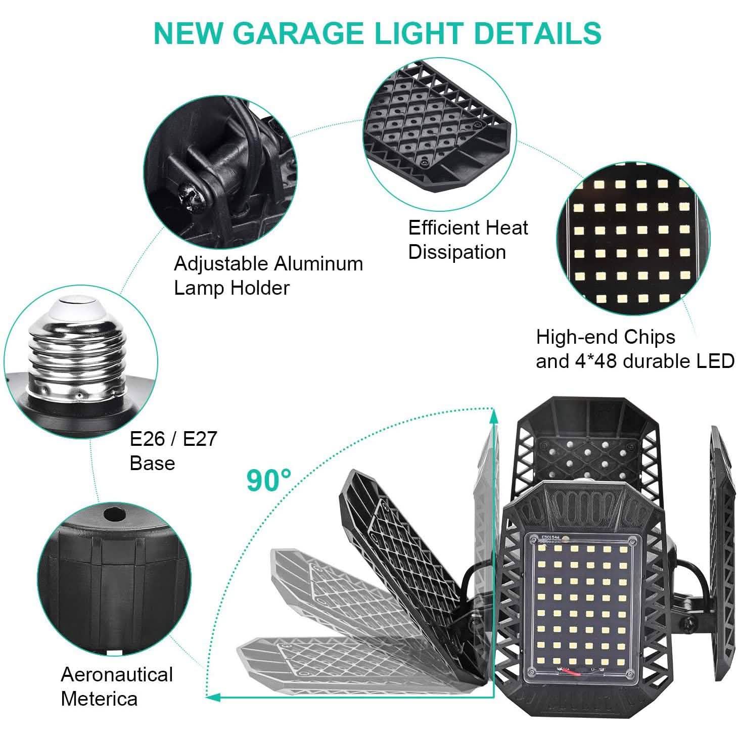 Plafonniers de garage à LED déformables 80W avec 4 panneaux réglables