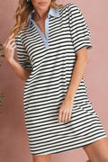 Mini-robe à manches bouffantes, col et poches, à rayures noires