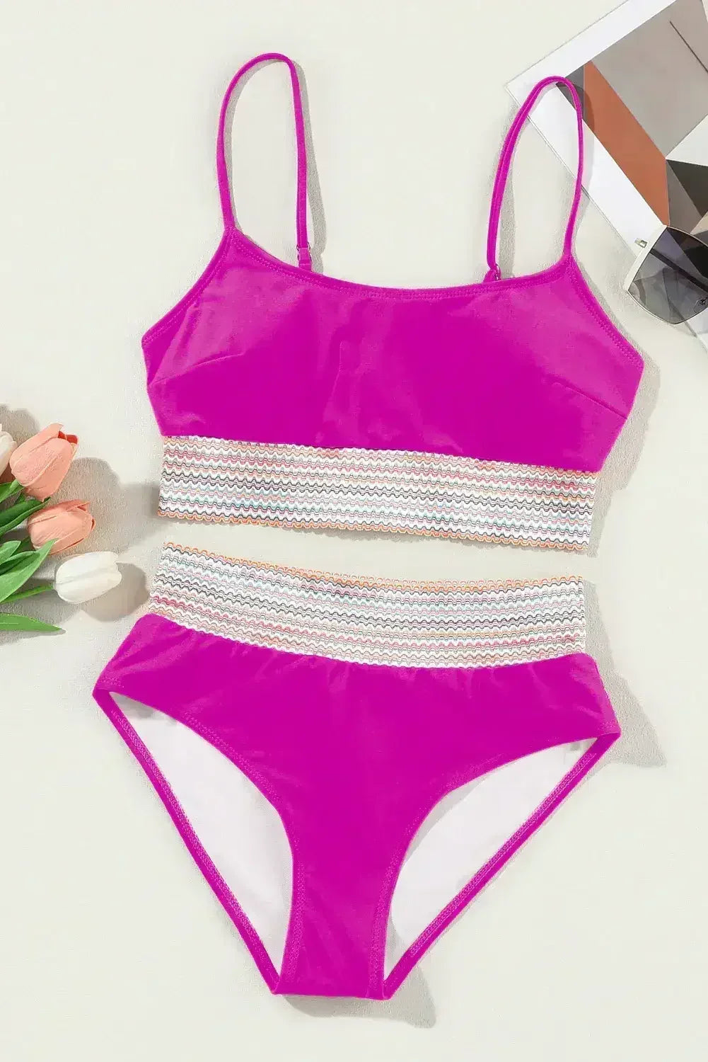 Ensemble bikini taille haute à fines bretelles patchwork rayé rose