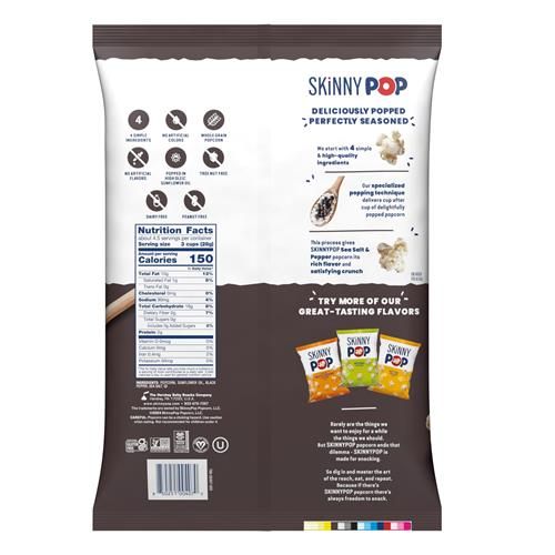 Skinnypop Pop-corn Sel de mer et Poivre, Sans gluten, Sans OGM, Snacks pop-corn sains, Skinny Pop, Sac format épicerie de 125g