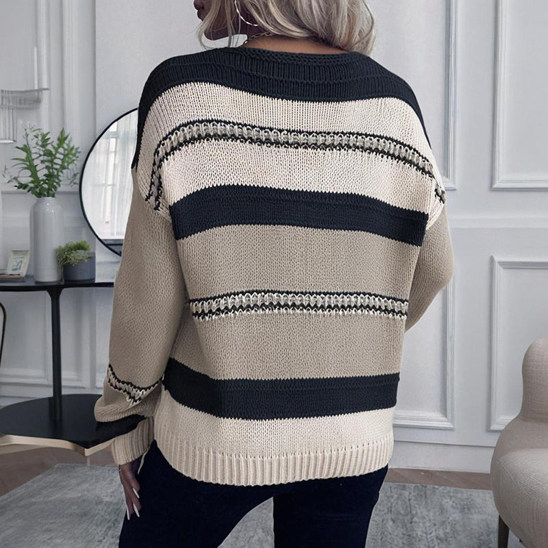 Pull rayé vintage français pour femme | Col en V, manches longues, tricot extensible