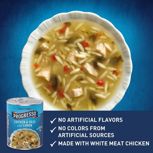 Progresso Traditional, soupe en conserve poulet et orzo au citron, 524 g.