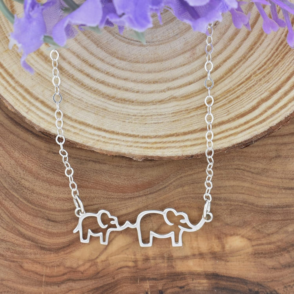 Collier Maman et Bébé Éléphant – Breloque contour en argent sterling sur chaîne de 45 cm