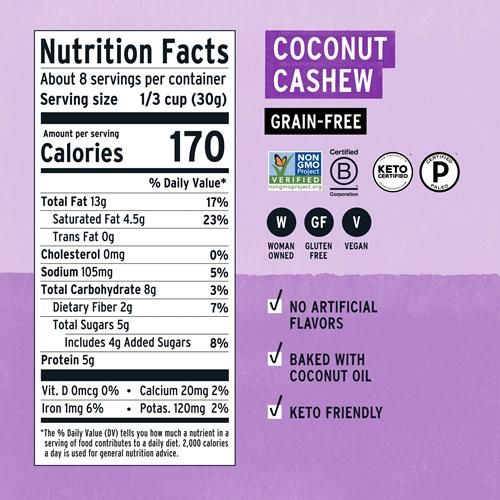 Purely Elizabeth, Granola cétogène noix de coco cajou, sans céréales, sans OGM, Paléo (sachet de 227 g)