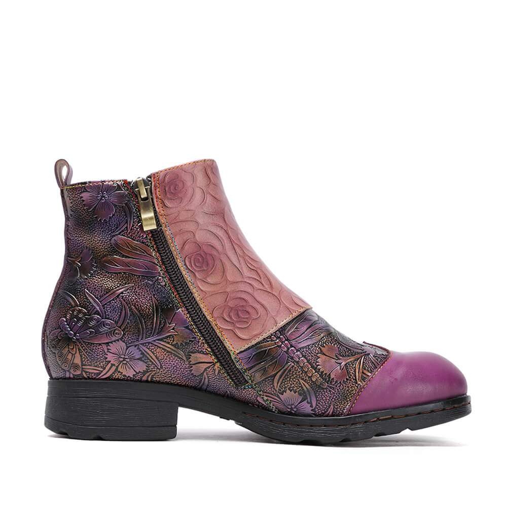 Retro Handmade Leather Painted Floral Flats Boots