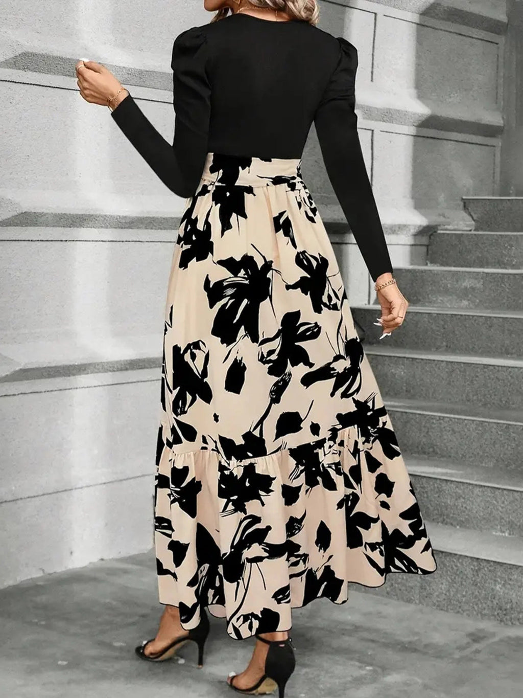 Robe Midi Imprimée Tendance à Col Rond et Manches Longues – Élégante et Tendance pour Femme