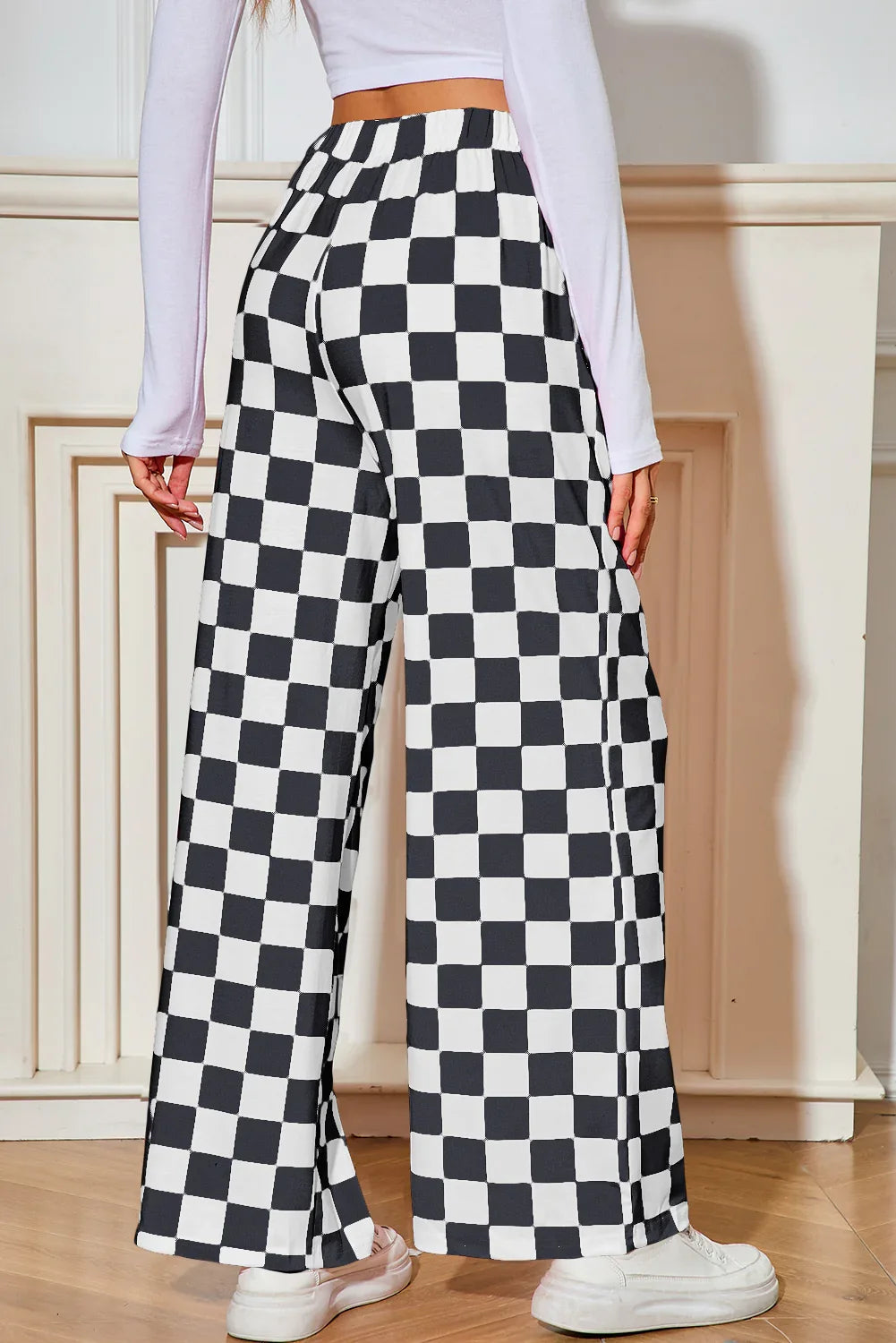 Pantalon ample taille haute à carreaux noirs