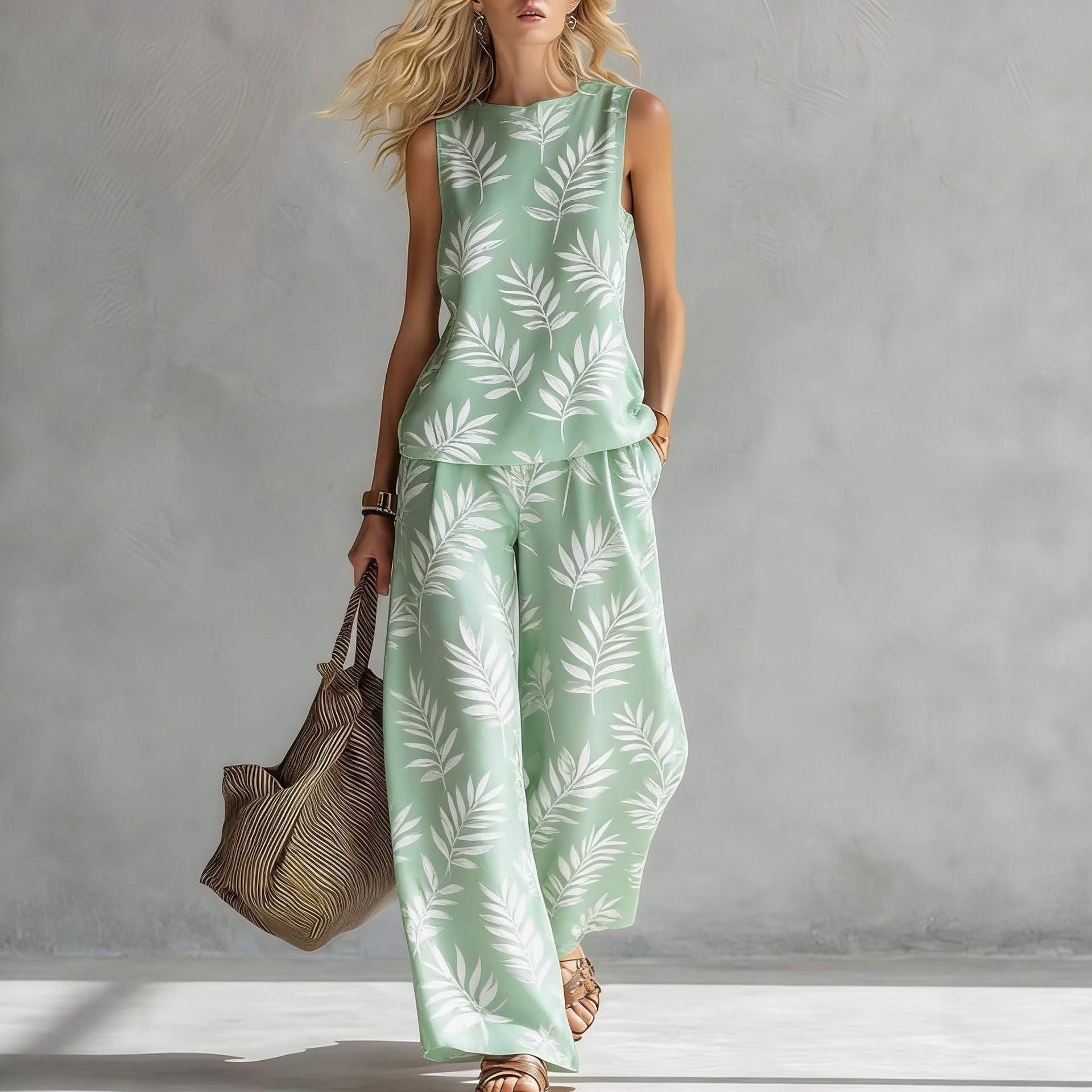 Ensemble débardeur sans manches imprimé et pantalon large pour femme
