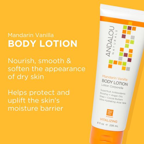 Andalou Naturals Lait Corporel Vitalisant, Hydratant Corporel Mandarine Vanille, 237 ml, Beurre de Karité, Beurre de Cacao, Huile d'Argan, Huile de Rose Musquée & Aloe Vera, Vegan