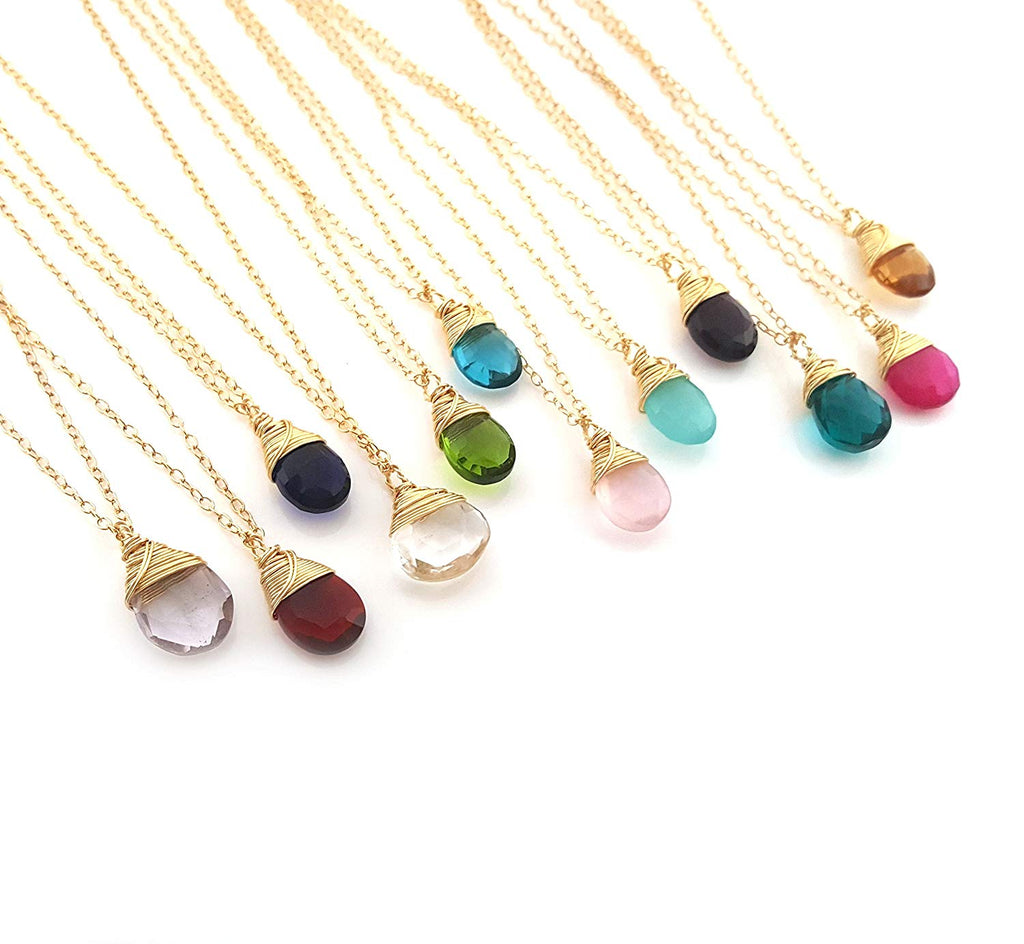 Collier classique en pierre de naissance enroulée de fil - Collier délicat en forme de goutte - Collier en or - Collier en pierre précieuse briolette - Cadeau pour elle