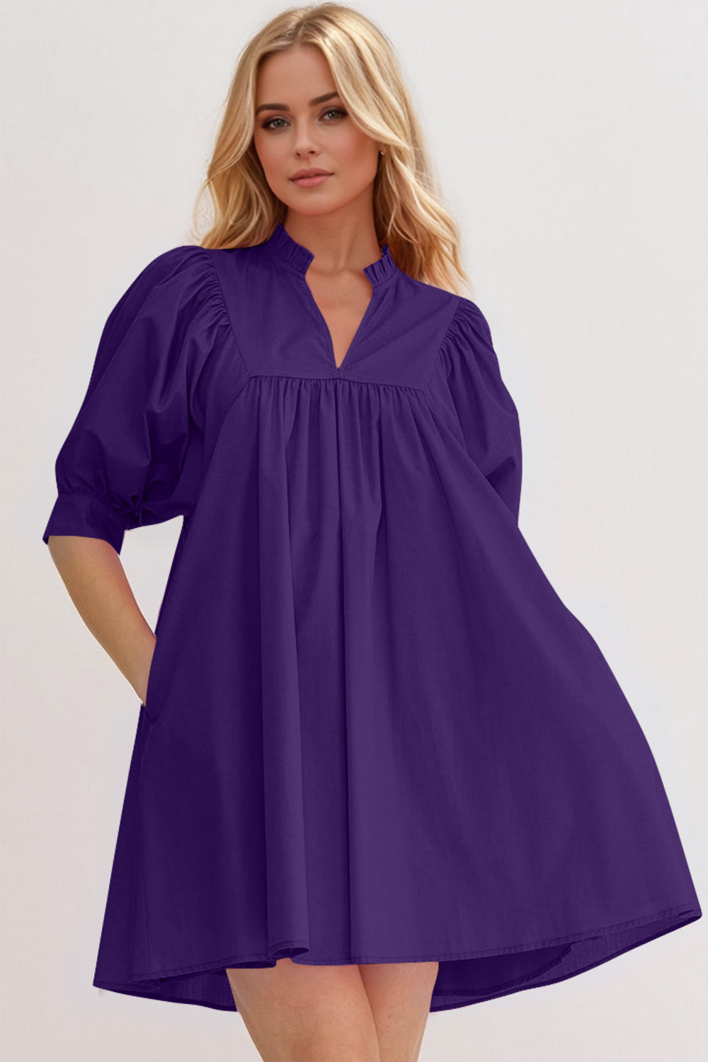 Mini-robe rose à manches bouffantes Robe décontractée et féminine pour femme Robe d'été simple et classique