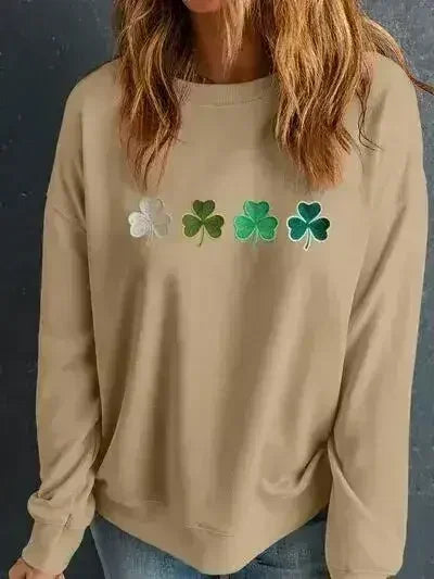Sweat-shirt col rond motif trèfle brodé
