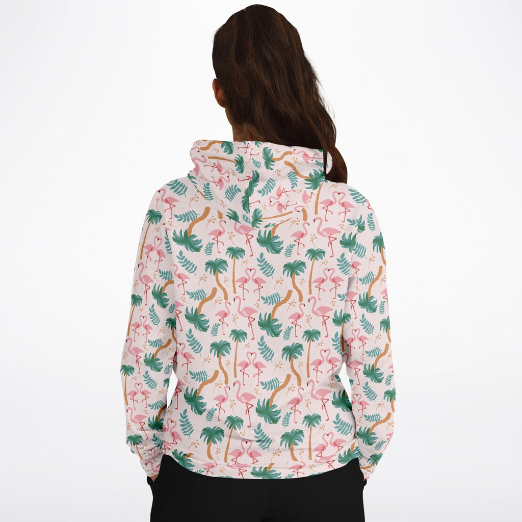 Sweat à capuche motif floral tropical flamant rose