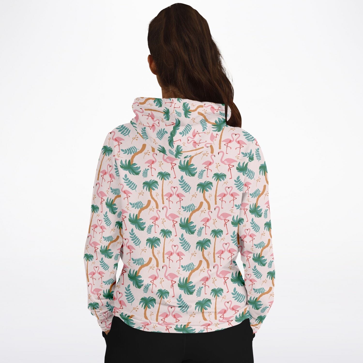 Sweat à capuche motif floral tropical flamant rose