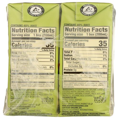 Whole Foods Market, Jus de pomme biologique réduit en sucre, Boîtes de 20 cl (Paquet de 8)