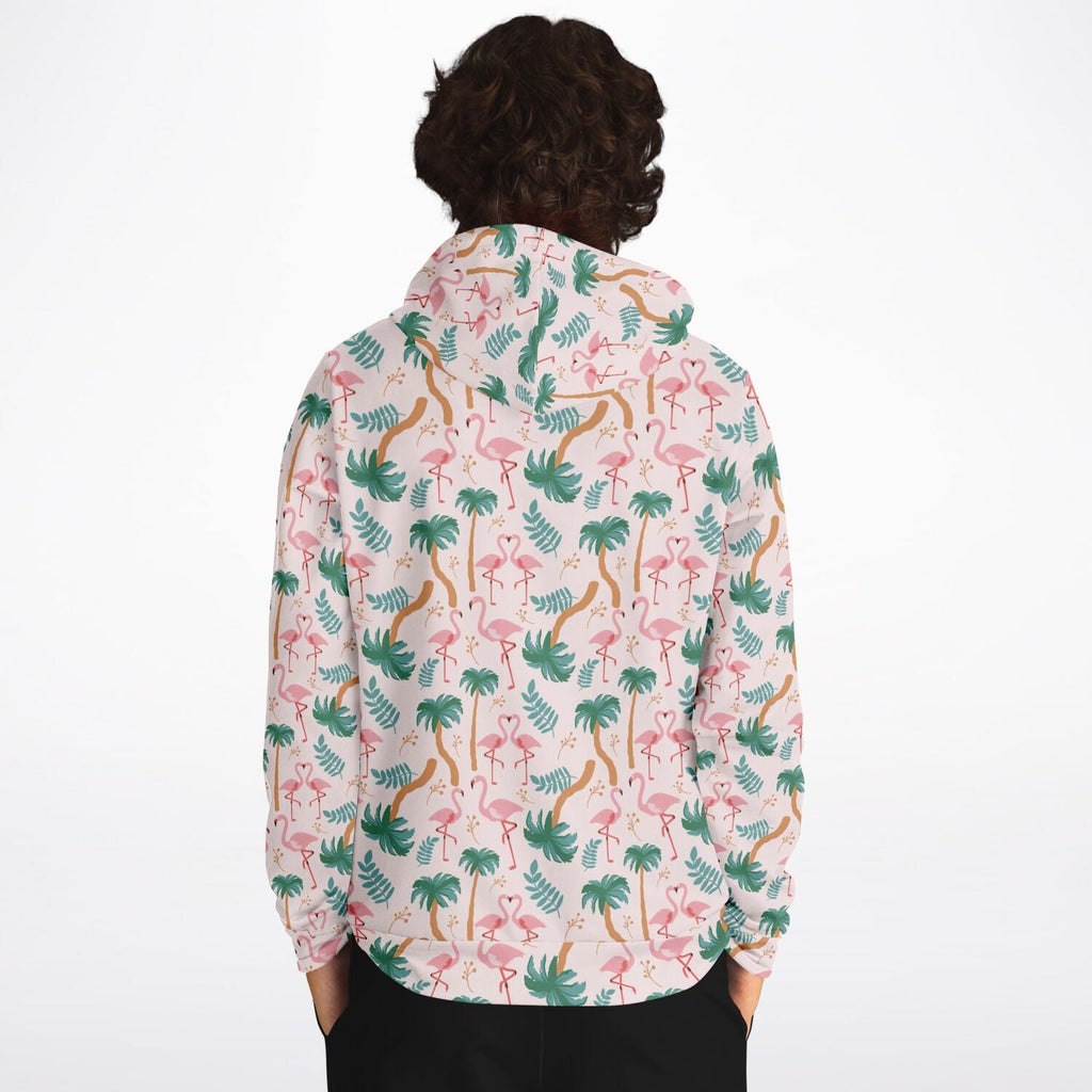 Sweat à capuche motif floral tropical flamant rose