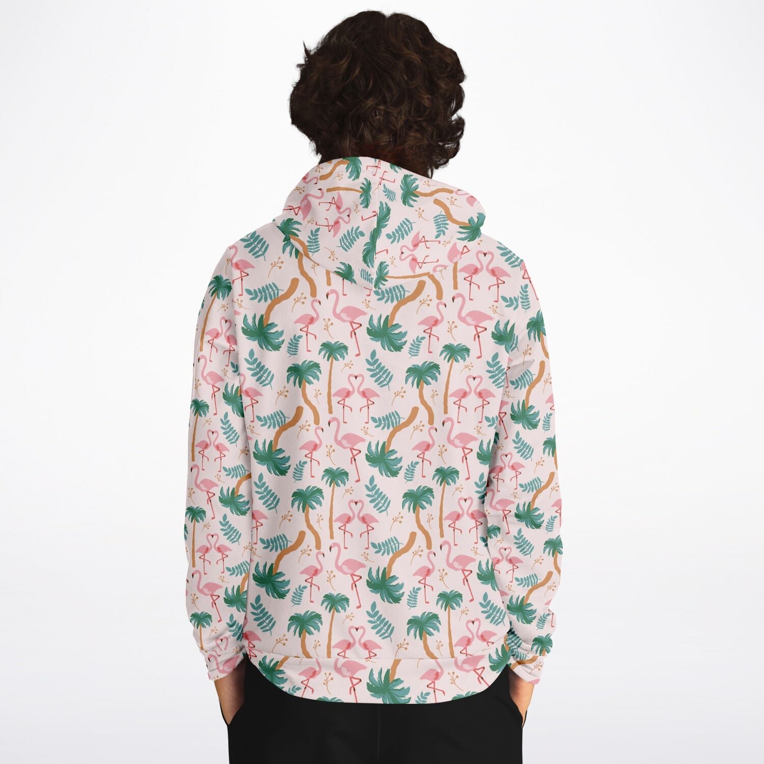 Sweat à capuche motif floral tropical flamant rose