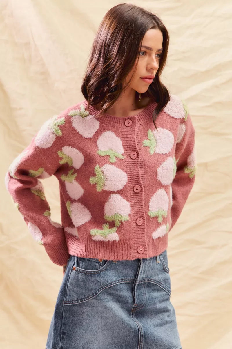 SO ME Cardigan en maille boutonnée à motif de fraises