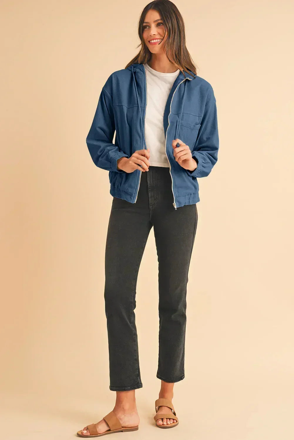 Veste à capuche zippée en velours côtelé bleu sarcelle véritable – Femstylo
