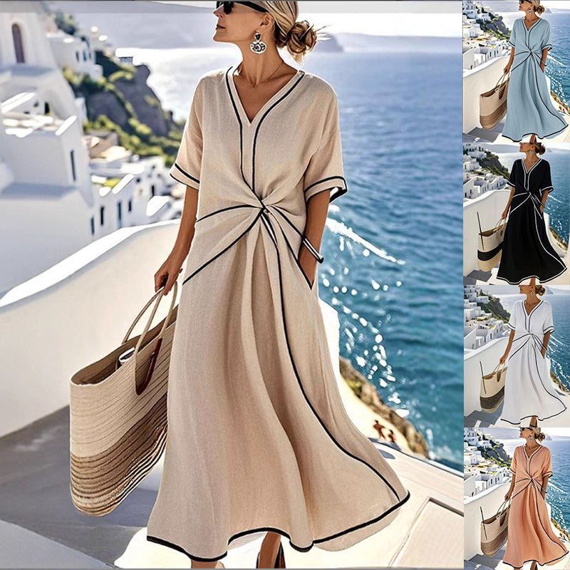 Robe longue imprimée rayée – Robe de plage de vacances à manches courtes