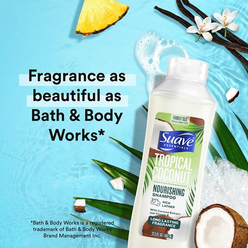 Shampooing Nourrissant Suave Essentials, enrichi en extrait de noix de coco et en vitamine E, shampooing à la noix de coco tropicale au parfum longue durée 665 ml
