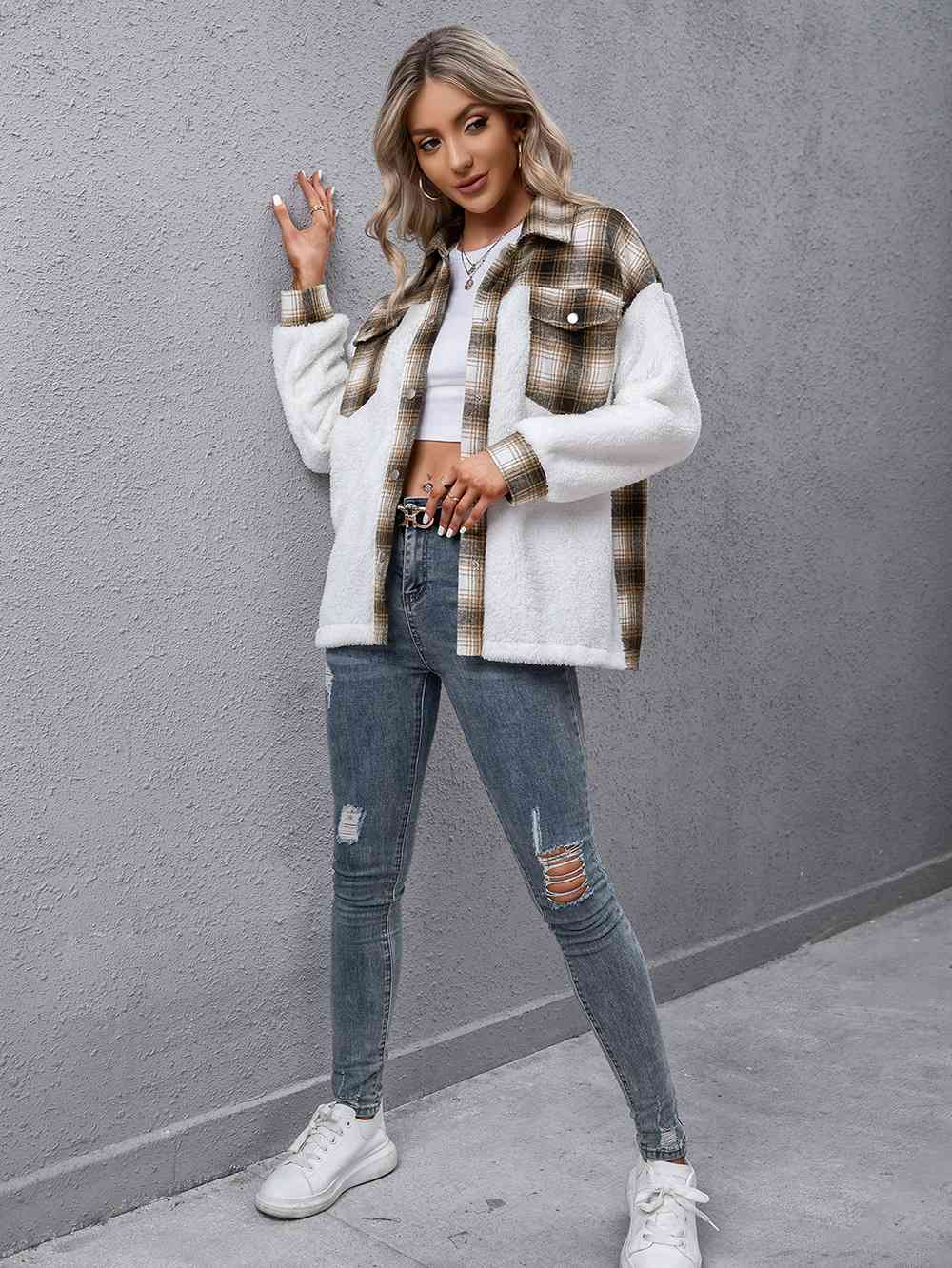 Veste boutonnée à col et carreaux, moderne et intemporelle, veste décontractée simple pour femme, veste classique