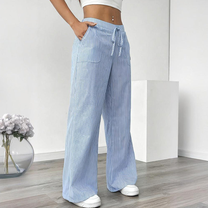 Pantalon long décontracté à rayures, coupe droite et large, avec poches pour femmes
