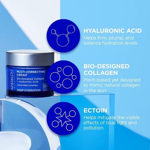 Crème Hydratante Visage Hydratation Intense Andalou Naturals, Crème Multi-Correctrice, Hydratant Jour et Nuit Pour le Visage à l'Acide Hyaluronique et au Collagène Végétalien Pour une Peau Plus Douce et Plus Souple, 50 ml