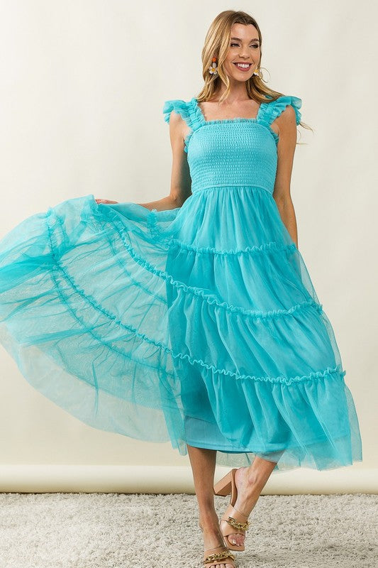 Robe midi étagée en tulle à volants pour femme – Design à volants aérien, élégant et romantique avec détails en tulle pour une silhouette féminine