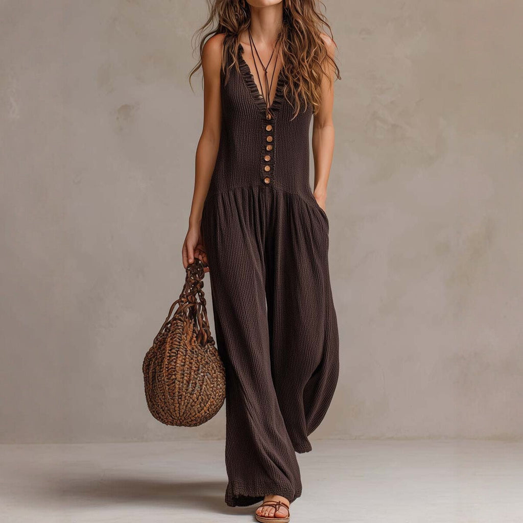Combinaison ample sans manches à col en V et jambes larges pour femme