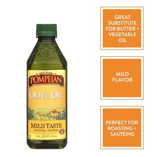Huile d'olive Pompeian au goût doux, parfaite pour rôtir et faire sauter, naturellement sans gluten, non allergène, sans OGM, 473 ml.