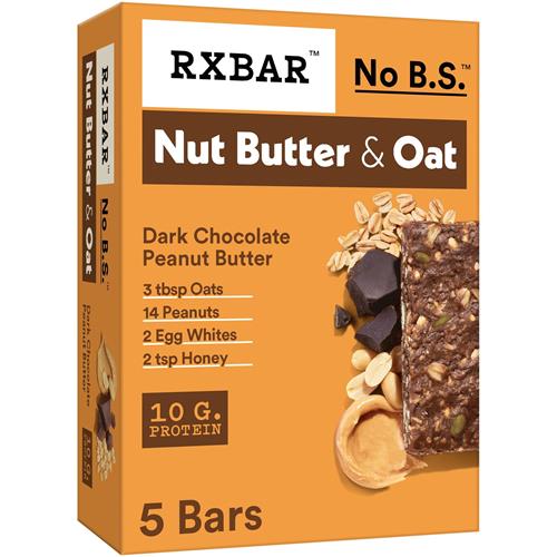 Rxbar Barres protéinées aux noix et avoine, collations protéinées, barres de collation, beurre de cacahuète chocolat noir, boîte de 275 g (5 barres)