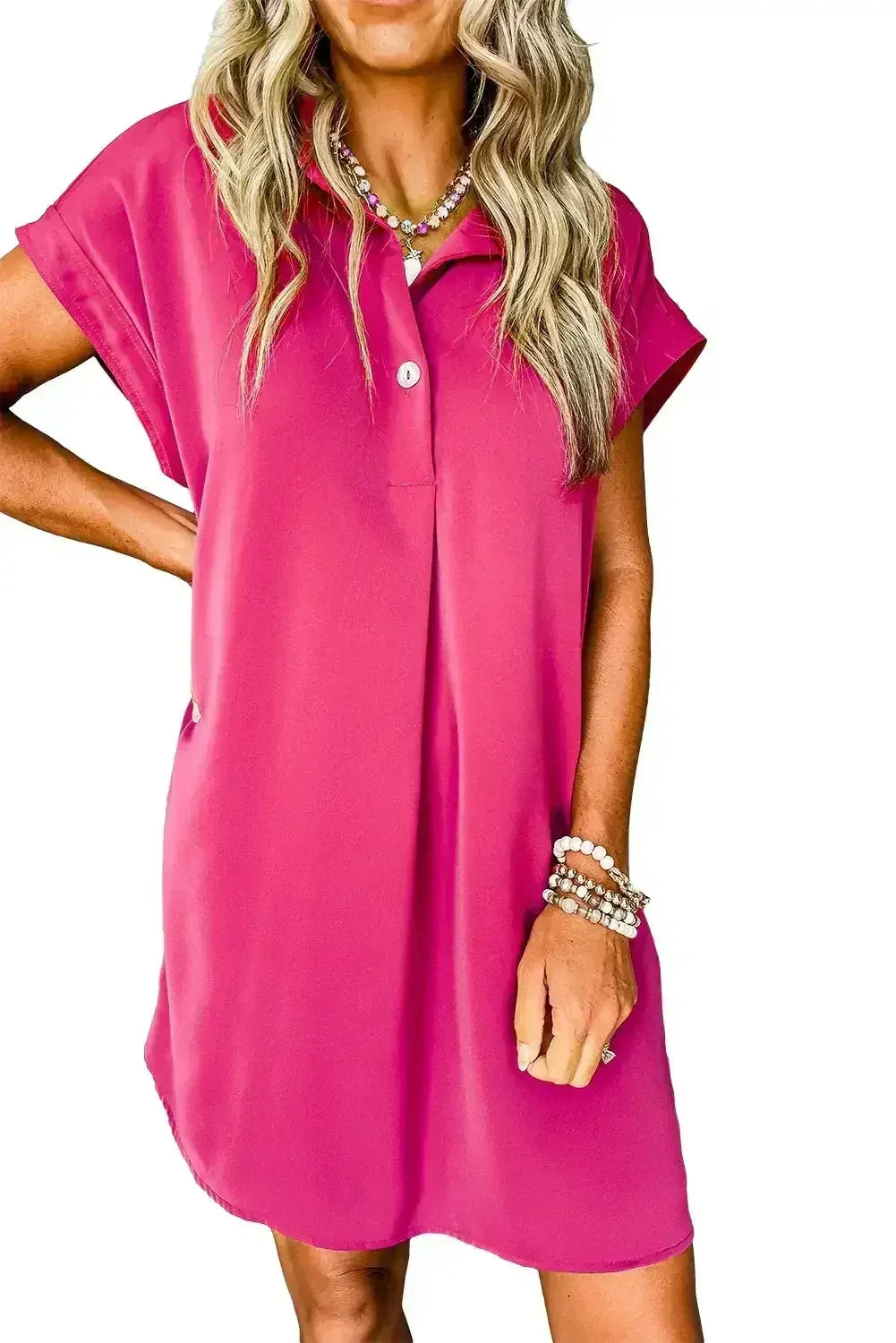 Robe T-shirt Décontractée Boutonnée Col Rose Rouge