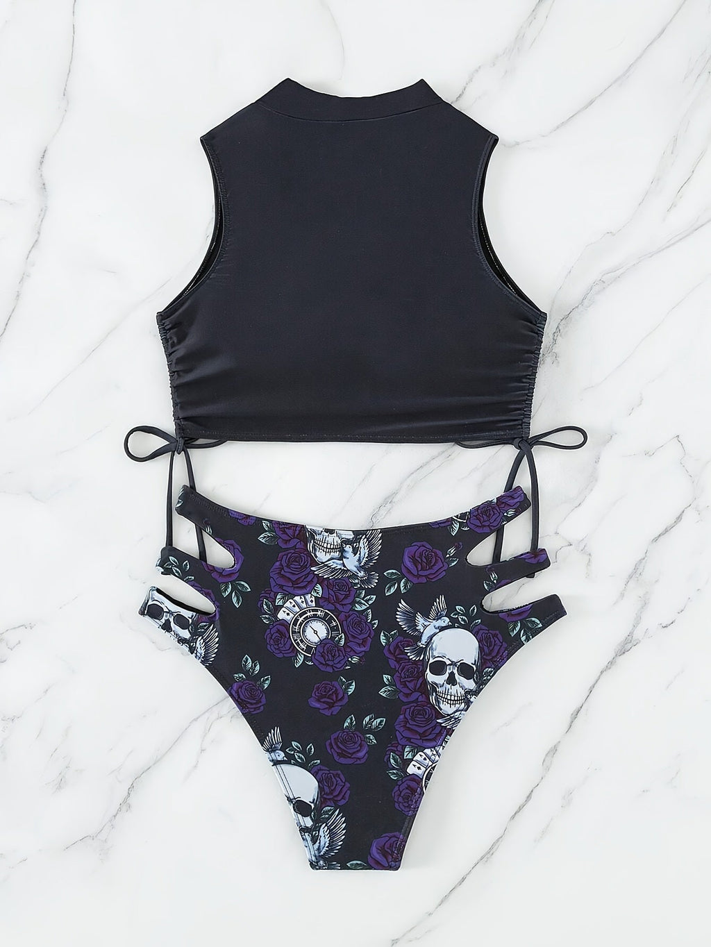 Maillot de Bain 2 Pièces Bikini Imprimé Tête de Mort Creux pour Femme – Maillot de Bain Nœud Papillon Floral Sexy à Lacets avec Col Rond – Ensemble Bikini Extensible Thème Halloween pour Fête à la Plage, Festival et Vacances d'Été