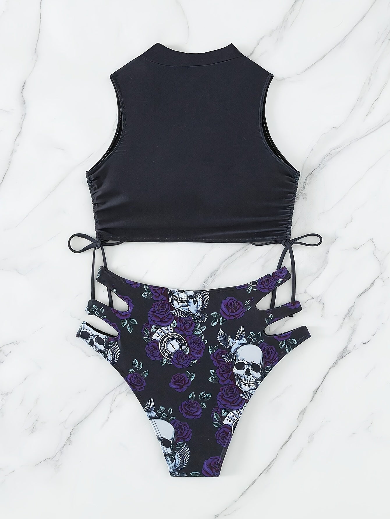 Maillot de Bain 2 Pièces Bikini Imprimé Tête de Mort Creux pour Femme – Maillot de Bain Nœud Papillon Floral Sexy à Lacets avec Col Rond – Ensemble Bikini Extensible Thème Halloween pour Fête à la Plage, Festival et Vacances d'Été