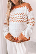 Pull en tricot à motif géométrique zigzag kaki - Femstylo