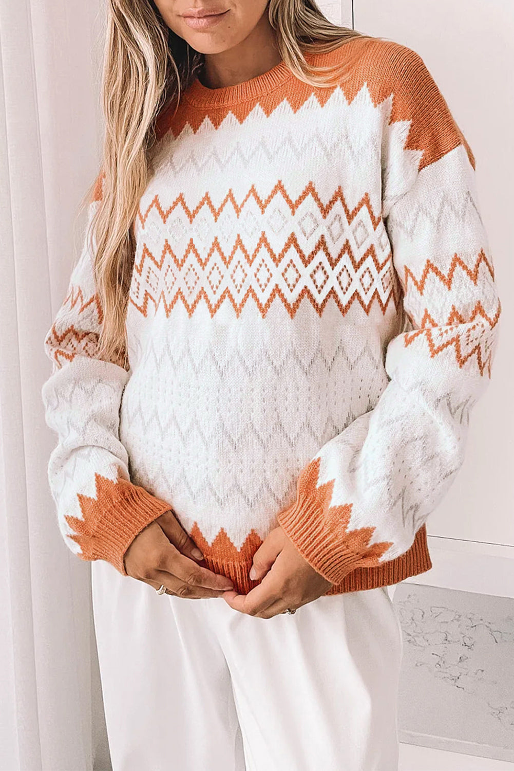 Pull en tricot à motif géométrique zigzag kaki - Femstylo