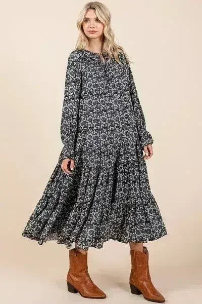 Robe midi à imprimé, col lavallière et manches volantées Mittoshop
