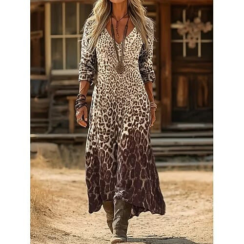 Robe trapèze rétro chic pour femme avec imprimé 3D, col en V et manches longues